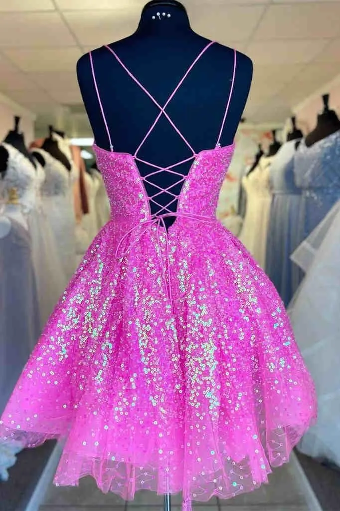 Cute Hot Pink Sequins A-Line Homecoming Dress Short Prom Dress HD0177